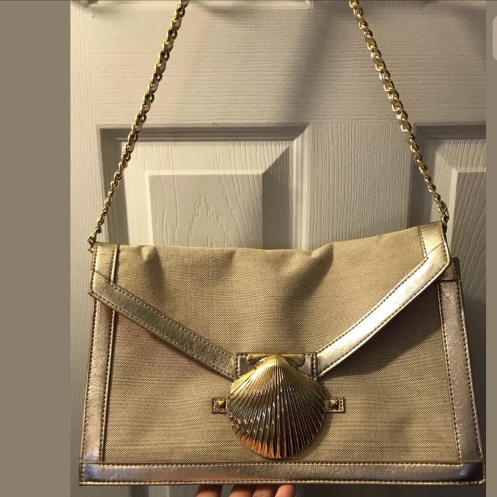 Felix Rey Canvas Shell Clutch Chain Strap Tan/Gold - image 1